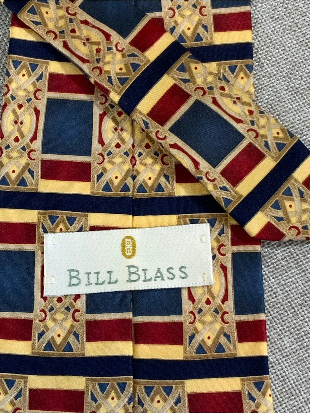 Bill Blass Silk Tie Navy Burgundy Gold Art Deco Geometric Pattern Necktie